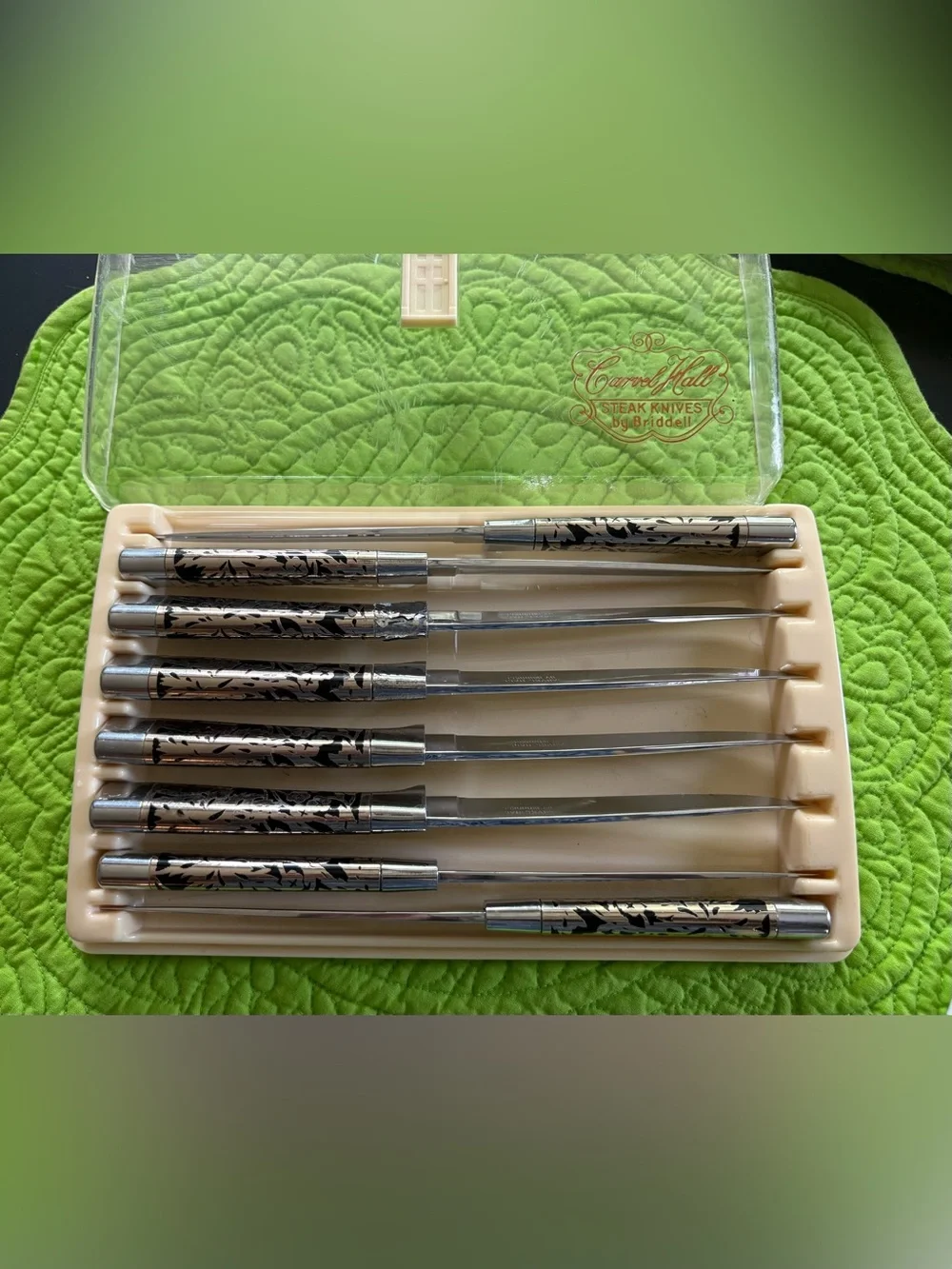 Vtg Carvel Hall Steak Knives by Briddell Floral Silver Overlay Black Set of 8